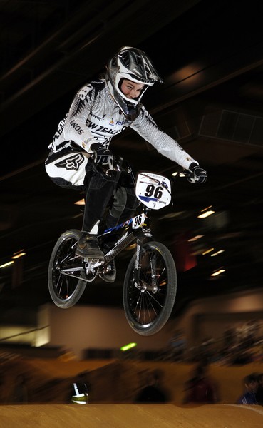 Sarah Walker in action during the qualifying heats on her way to winning the UCI BMX World Championship in Adelaide tonight.